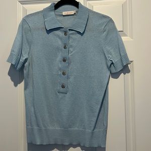 Tory Burch light blue knit short sleeve sweater. Size large. Never worn.